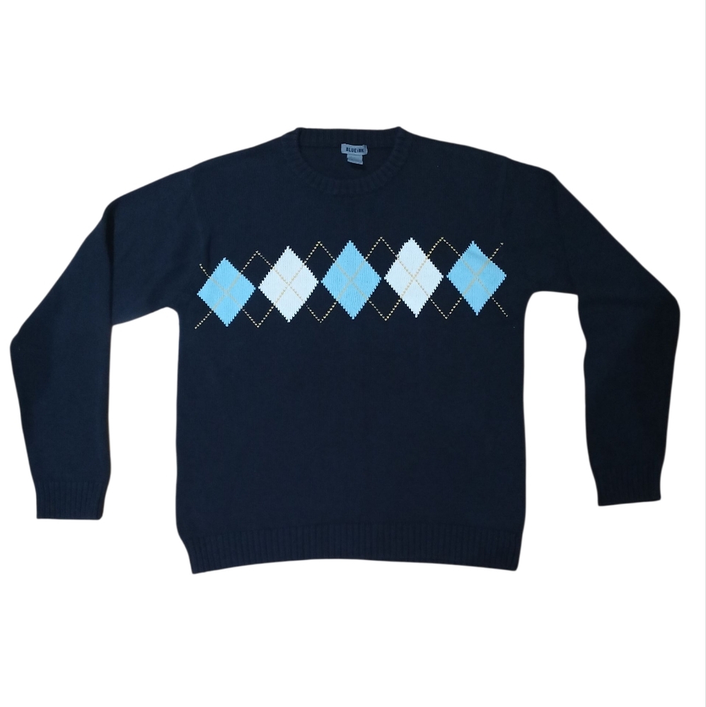 Blueink Men's Cotton  Blue Argyle Crewneck Sweater